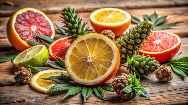 Vibrant marijuana bud surrounded by lemons, grapefruit leaves, and pine cones, highlighting the complex world of cannabis terpenes and flavors.
