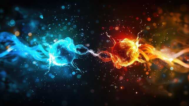 Vivid representation of opposing forces in nature, depicting a dynamic clash of blue and orange energy amidst a dark, surreal background.