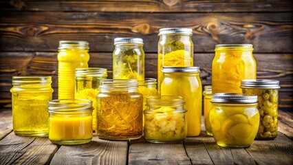 Three rows of various sized glass jars filled with vibrant yellow liquid, scattered across a worn wooden table.