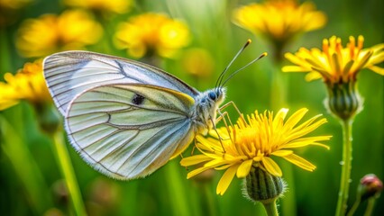 Naklejka premium Delicate small white butterfly with intricate wing patterns perches on a vibrant yellow flower in a lush green field landscape.