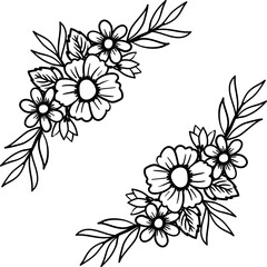 Wildflowers border line art. Flat isolated  hand drawn flowers. Vector illustration.