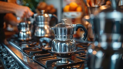 Modern Elegance - Silver Coffee Pot Among Black Ones in Stylish Kitchen Setting