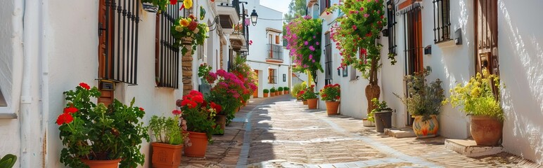 Obraz premium A charming narrow street in bosa town, italy, adorned with colorful buildings, greenery, and cobblestones under a clear blue sky. AI generated illustration