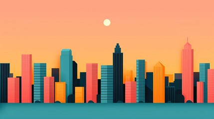 Design a sophisticated cityscape with precise geometric elements and a harmonious color palette, conveying a sense of urban sophistication and modern style. Illustration, Image, , Minimalism,