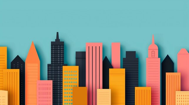Design a sophisticated cityscape with precise geometric elements and a harmonious color palette, conveying a sense of urban sophistication and modern style. Illustration, Image, , Minimalism,