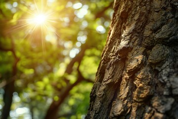 Obraz premium Sunlight illuminating the rough bark of a tree in a forest with a blurred background