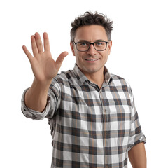 Naklejka premium Man in plaid shirt waving with a smile, isolated on transparent background.
