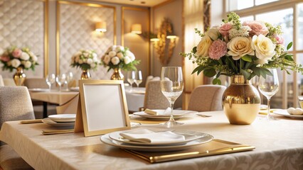 Elegant beige and gold-toned restaurant table setting with flowers, featuring a vertical white blank paper mockup for customization.
