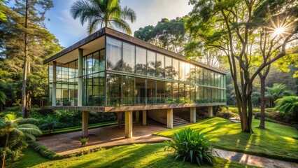 Naklejka premium Modernist glass and concrete building surrounded by lush greenery and tropical trees near Ibirapuera Park in S?o Paulo Brazil morning light.