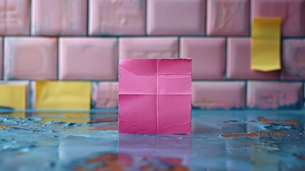Vibrant Pink Sticky Note Among Yellow Notes in Creative Office Space