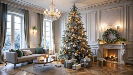 Elegant modern apartment showcases stunning Christmas tree adorned with ornaments and gifts amidst sleek minimalist winter wonderland decor.