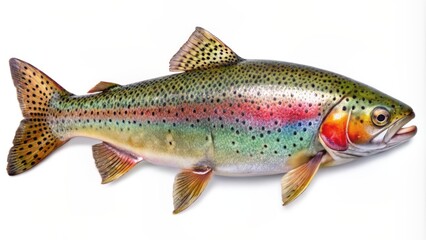 Freshwater trout fish with iridescent scales laid out on a clean white background, showcasing its vibrant colors and delicate fins.
