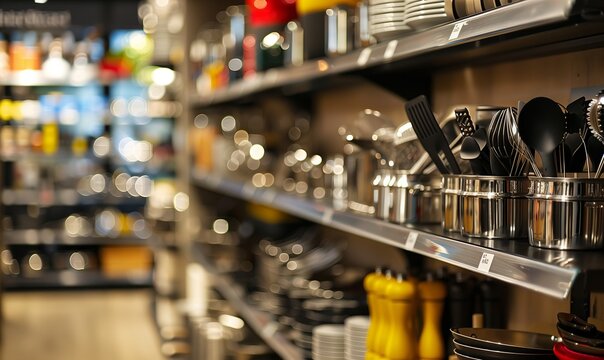 Una vasta gamma di utensili da cucina ben organizzati su scaffali, pronti per l'acquisto in negozio.

