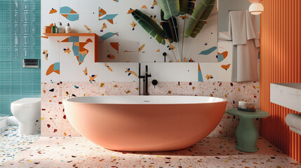 Peach Bathtub in Bathroom Interior. Glossy Blue Zelige Tile and Terrazzo Floor. Shower and Sink
