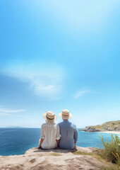 Fototapeta premium Traveler senior couple look at the sea.