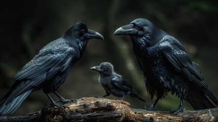 Obraz premium Contrasting Ravens: Large and Robust Raven next to Small and Slender Companion on Tree Branch