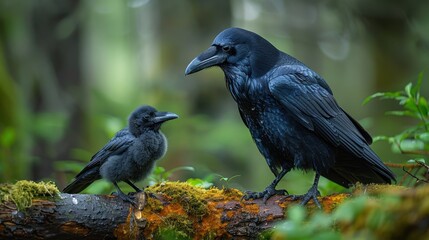 Contrasting Ravens: Large Robust vs. Small Slender - A Stunning Visual Comparison on a Tree Branch