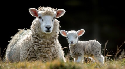 Obraz premium Contrast in Size: Majestic Fluffy Sheep with Delicate Lamb in Lush Field