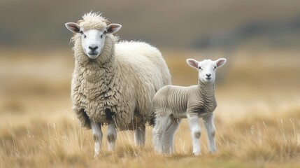 Obraz premium Contrasting Sizes: Big Fluffy Sheep Beside Small Slender Lamb in Lush Green Field