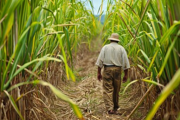 Back view of a man wearing a hat as he walks between tall sugarcane plants