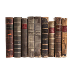 Row of vintage books with aged spines, isolated on transparent background.