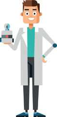 Cheerful Scientist Holding Invention in Lab Coat Illustration