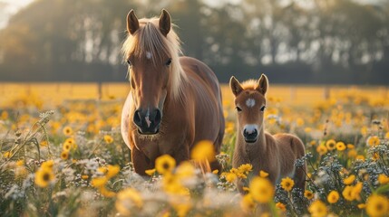 Majestic Contrast: Muscular Horse and Petite Pony in Picturesque Meadow