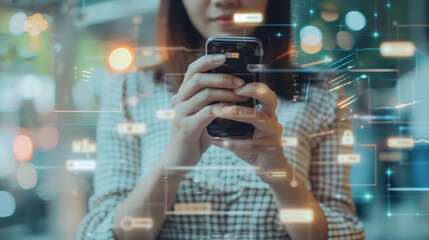 Woman using a mobile phone for e-payment via mobile banking, emphasizing online banking, internet payment, e-transactions, and financial technology concepts such as e-wallet