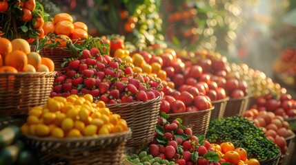 A colorful display of fresh fruits and vegetables at a farmers market, including strawberries, tomatoes, oranges, and greens.