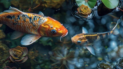 Majestic Koi Fish Duo in Clear Pond: Contrasting Sizes and Shapes