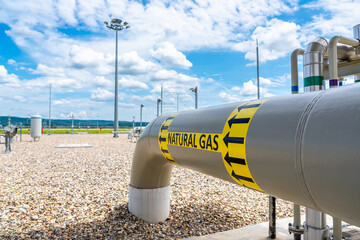 High pressure natural gas pipeline and flow direction indicator. Concept of modern infrastructure