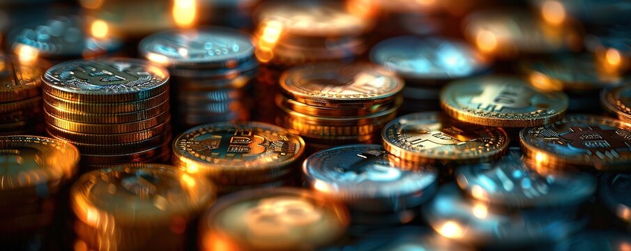 Many stacks of silver and gold coins were hit by light from above