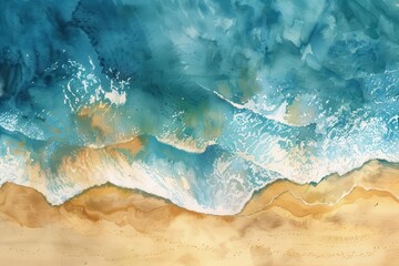 aerial watercolor seascape soft blue waves meet golden sand ethereal birdseye view dreamy impressionistic style fluid brushstrokes coastal beauty captured serene beach scene from above