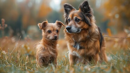 Size Contrast: Big Chubby Dog & Small Thin Dog Standing Together in Grassy Field