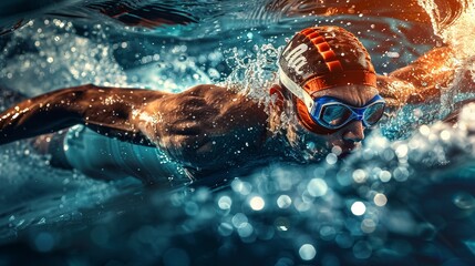 Professional swimmer in action during a freestyle stroke in a sunlit pool. High-quality sports photography for competitive swimming, fitness, or training uses. Captures motion and intensity. AI