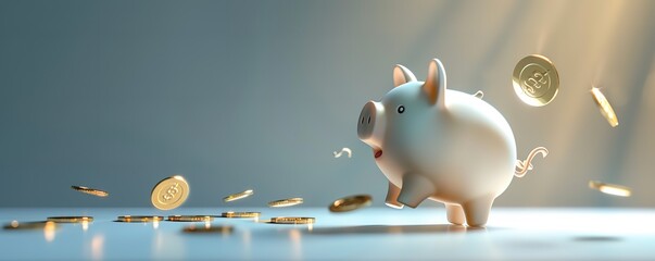 A white piggy bank sits on a table with gold coins scattered on it against a white background and light shining from outside