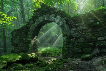 ancient stone arch in lush forest mosscovered rocks ethereal light filtering through leaves mystical ambiance