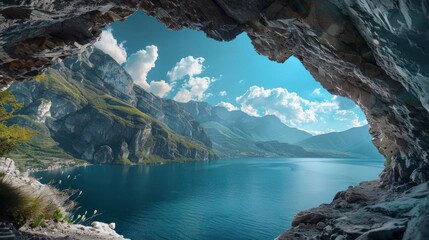 Breathtaking view of serene blue lake and majestic mountains from inside a cave. Concept of adventure, nature, travel, and exploration.