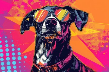anthropomorphic cartoon dog wearing reflective aviators vibrant pop art style bold outlines and halftone patterns playful pose against geometric background