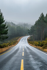 Fototapeta premium A highway stretching into the distance, flanked by trees under an overcast sky