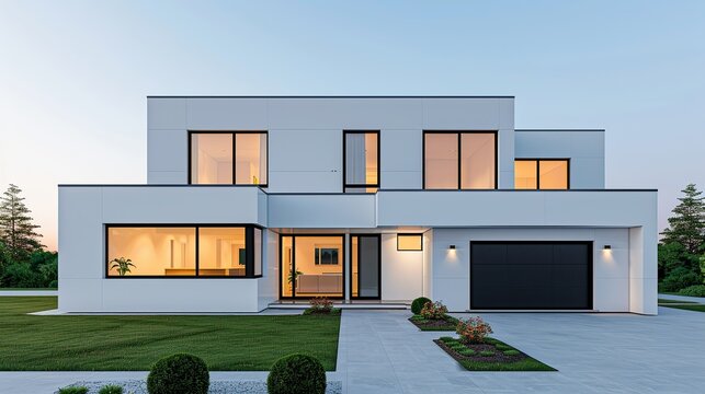 Design a sleek architectural visualization that exemplifies modern elegance and architectural refinement, emphasizing clean lines and minimalist aesthetics. Illustration, Image, , Minimalism,