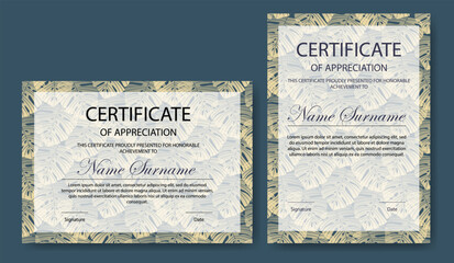 Flourish certificate of appreciation templates. Modern corporate diploma collection with colorful leaves elements