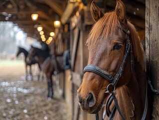 Serene Scene of Horses Being Groomed and Saddled in a Charming Rustic Stable