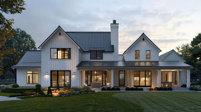 A sleek, two-story modern farmhouse with a distinct gabled roof, incorporating elements of steel and glass for a contemporary twist on the traditional farmhouse aesthetic.
