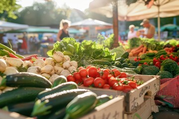 bustling farmers market scene colorful array of fresh produce sunlight glinting off dewy vegetables diverse crowd browsing wooden stalls rustic charm meets urban vibrancy