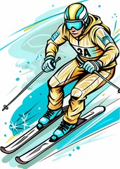 Alpine Adventure: A Dynamic Depiction of Downhill Skiing, ideal for use in winter sports publications, ski resort advertisements, educational materials about skiing techniques, or promotional content 