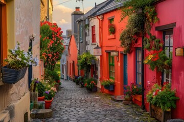 Fototapeta premium charming irish coastal town vibrant colored houses lining narrow cobblestone street flower boxes overflowing warm golden hour light