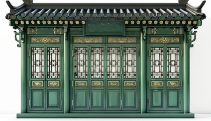 Fototapeta premium luxury green folding door and window antique with korean ornament wood frame pattern on white background 