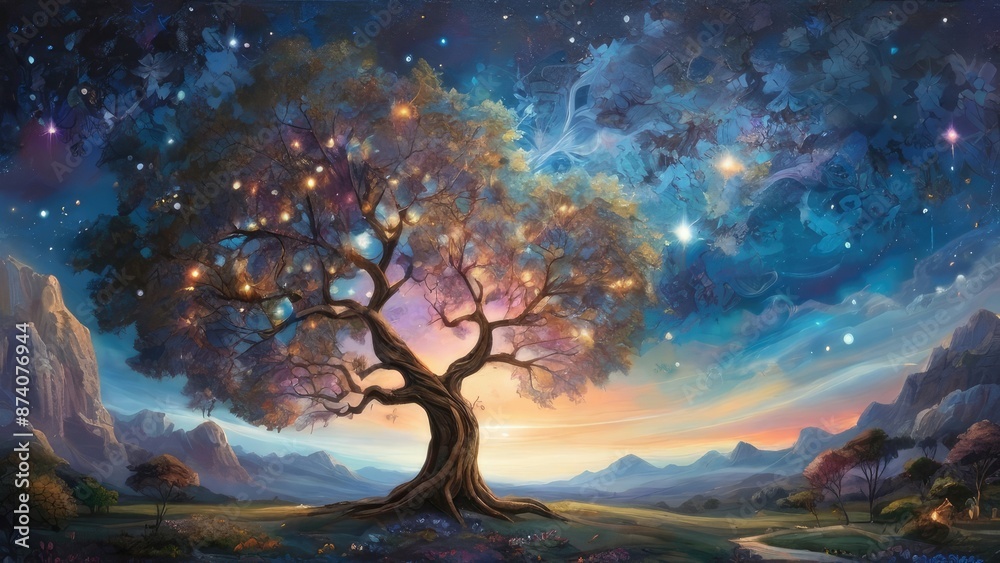 Poster landscape with tree and stars