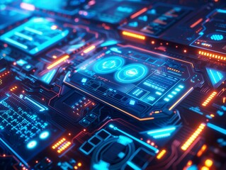 Obraz premium High-tech circuit board with neon blue and red elements, showcasing futuristic technology and intricate digital designs, ideal for sci-fi themes.